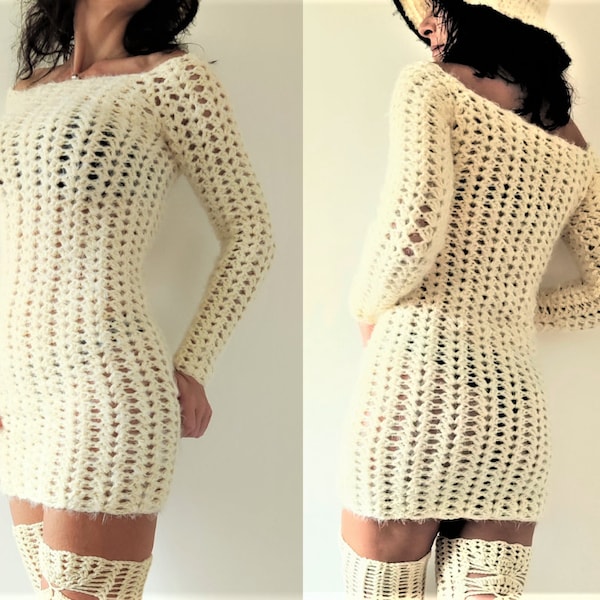 Crochet Pattern Sexy Sweater Dress, Midi Mesh Bodycon Tunic Off Shoulder Y2K