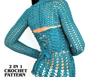 May include: A teal crochet top featuring long sleeves and an open-back design with a lace-up corset-style closure. The garment has a textured, open-work pattern throughout. Text at the bottom left reads: 2 IN 1 CROCHET PATTERN PDF FILE.
