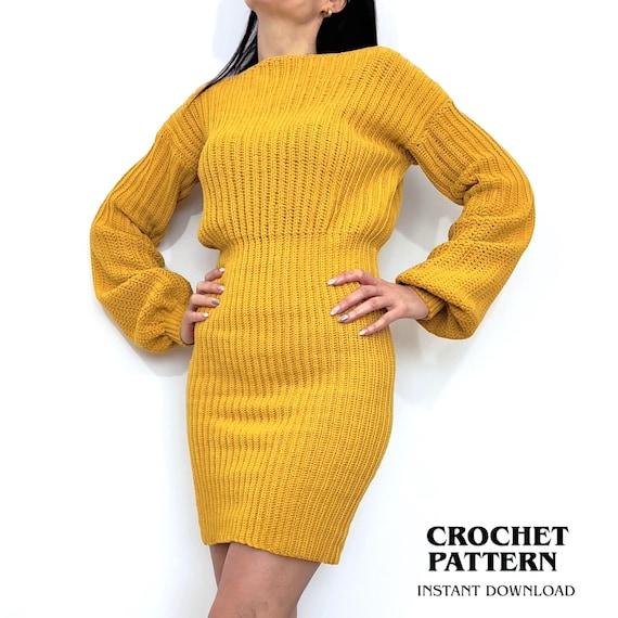 Easy Ribbed Crochet Sweater Dress Pattern PDF, Beginner Short Dress Made to Measure, Cozy Long Sleeve Bodycon Winter Crochet Pattern