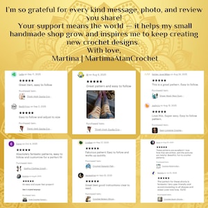 May include: A gold-toned graphic featuring a thank you message from Martina at MartimaAtanCrochet, surrounded by six customer reviews with five-star ratings, text comments, and small thumbnail images of various crochet projects.