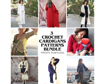 3 Crochet Cardigan Patterns Bundle-  Duster Coat, Tie Front Bolero & Easy Kimono Vest, Women's DIY Crochet Pack (PDF Pattern)