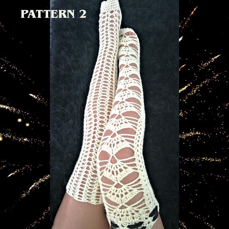 May include: A pair of off-white, thigh-high crochet stockings featuring an intricate, openwork lace pattern. The stockings are labeled with the text PATTERN 2 in the upper left corner. The design consists of repeating geometric shapes.