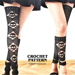 May include: Black crochet leg warmers with a floral pattern. The leg warmers are knee-high and have a decorative openwork design. The text "CROCHET PATTERN INSTANT DOWNLOAD" is visible in the image.