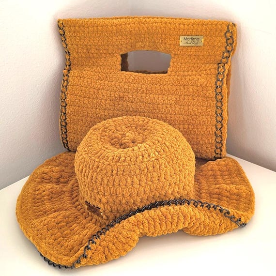 Mustard Velvet Crochet Purse Bag and Bucket Hat Set With  display picture 2
