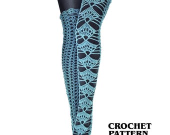 May include: A pair of teal crochet leg warmers featuring an intricate fan-like openwork pattern. The leg warmers are displayed over black leggings. The text CROCHET PATTERN INSTANT DOWNLOAD is visible in the bottom right corner of the image.
