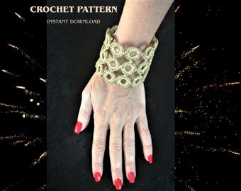 May include: A gold-colored crochet bracelet featuring a repeating circular link pattern. The text CROCHET PATTERN INSTANT DOWNLOAD is visible in the upper left corner. The bracelet is constructed from metallic thread with an openwork design.
