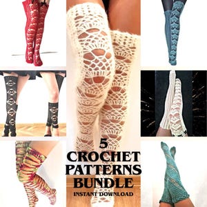 May include: An image showcasing five different crochet patterns for leg warmers and thigh-high socks. The designs include red, white, black, and teal options. The text reads "5 Crochet Patterns Bundle Instant Download".