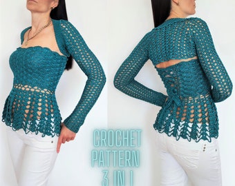 Pdf Corset Crochet Top Pattern, Bolero Shrug Sleeves Tank Cropped Top and Skirt, y2k, Easy Beginner to Advanced