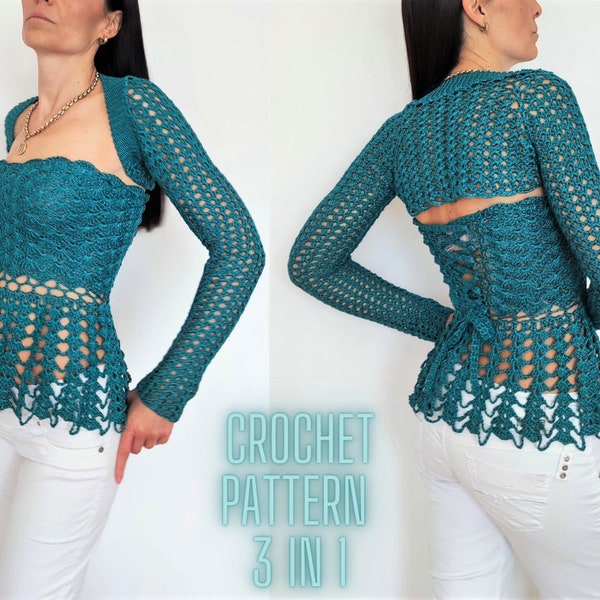 Pdf Corset Crochet Top Pattern, Bolero Shrug Sleeves Tank Cropped Top and Skirt, y2k, Easy Beginner to Advanced