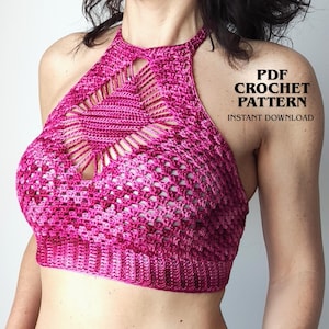 May include: A bright pink crochet halter top featuring a diamond-shaped openwork pattern at the chest and a ribbed hem. The text PDF CROCHET PATTERN INSTANT DOWNLOAD is printed in black on the right side of the image over the garment.