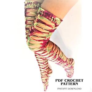 May include: Thigh-high crochet leg warmers featuring a lattice design in variegated shades of pink, green, and yellow. The openwork pattern extends from the upper thigh down to the foot, with text reading PDF CROCHET PATTERN INSTANT DOWNLOAD.