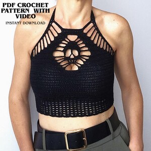 Gothic Skull Crochet Halter Top Pattern PDF | Grunge Festival Crop Top with Skeleton Motif | Witchy Halloween Bralette Video Tutorial