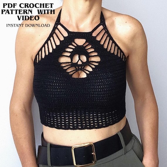 Gothic Skull Crochet Halter Top Pattern PDF | Grunge Festival Crop Top with Skeleton Motif | Witchy Halloween Bralette Video Tutorial