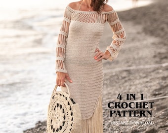 Molde para vestido de crochê boho | Vestido maxi romântico com mangas de tule e franjas ~ Vestido de noiva de verão ~ Vestido de tricô de crochê ~ Arquivo PDF fácil