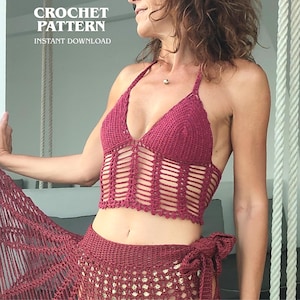 May include: A burgundy crochet halter top with an open-weave design. The top is part of a set, with a matching skirt visible. The image includes the text "CROCHET PATTERN" and "INSTANT DOWNLOAD".