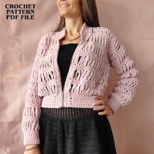 Gehäkelte Bomberjacke, Frühlings-Cardigan, Reißverschluss-Pullover, DIY-Damenbekleidung, PDF-Muster