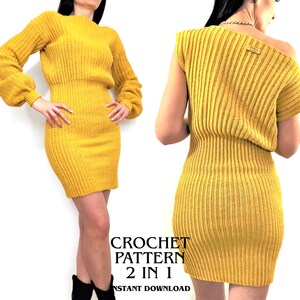 K&ouml;nnte beinhalten: Senfgelbes Strickkleid mit langen &Auml;rmeln und figurbetonter Silhouette. Das Kleid hat eine gerippte Textur und einen runden Ausschnitt. Das Bild zeigt auch eine One-Shoulder-Version des Kleides. Der Text "CROCHET PATTERN 2 IN 1 INSTANT DOWNLOAD" ist sichtbar.