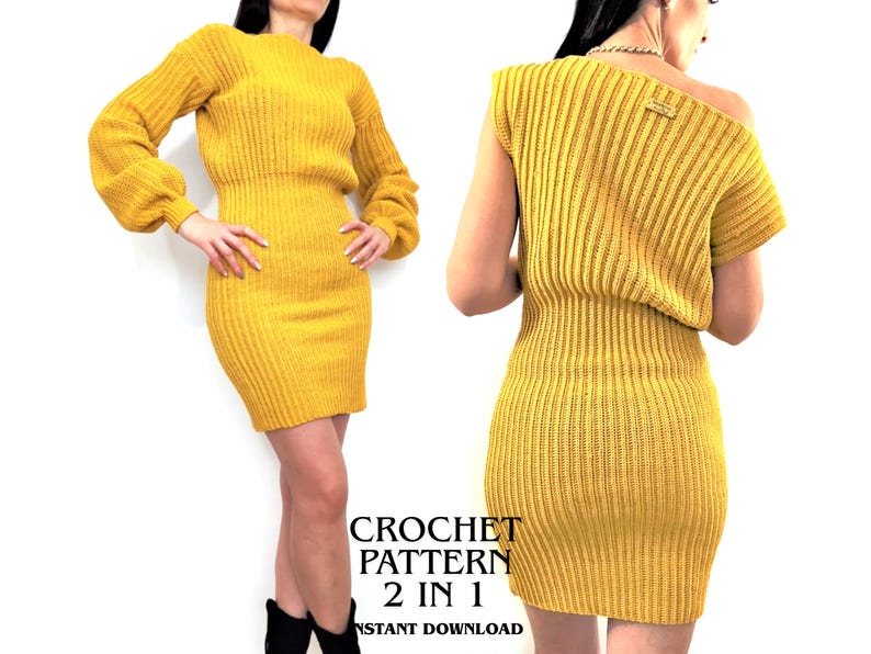 K&ouml;nnte beinhalten: Senfgelbes Strickkleid mit langen &Auml;rmeln und figurbetonter Silhouette. Das Kleid hat eine gerippte Textur und einen runden Ausschnitt. Das Bild zeigt auch eine One-Shoulder-Version des Kleides. Der Text "CROCHET PATTERN 2 IN 1 INSTANT DOWNLOAD" ist sichtbar.