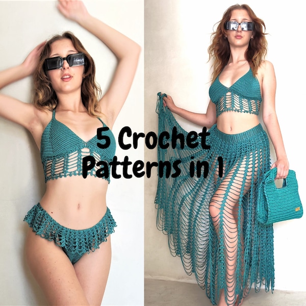 Crochet Patterns - Long Skirt, Dress, Bag, Bralette Bikini Top, String, 5 in 1