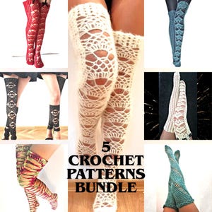 Thigh High Socks Crochet Patterns, Fishnet Leg Warmers, Halloween Long Socks Pattern Lingerie, Knee High Stocking, 5 PDF File