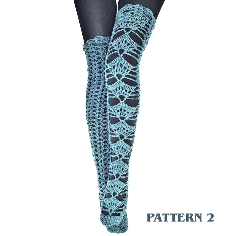 May include: A pair of teal blue crochet leg warmers featuring an intricate fan-like openwork pattern. The leg warmers are worn over solid black leggings. The text "PATTERN 2" is printed in the bottom right corner of the image.