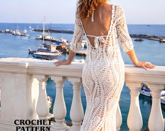 Backfreies Boho Crochet Maxi Kleid Muster, Strand Vertuschen, lange Open Back Lace Goddess Kleid Anleitung PDF
