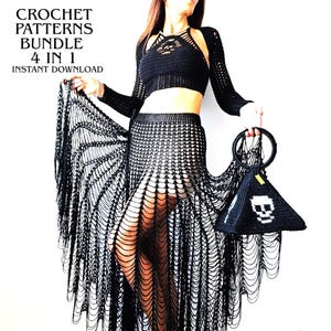May include: Black crochet skirt and top set with a matching handbag featuring a skull design. The image also displays the text "CROCHET PATTERNS BUNDLE 4 IN 1 INSTANT DOWNLOAD".