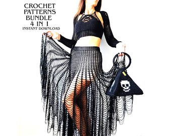 Lot de motifs au crochet, sac tête de mort, haut gothique, jupe longue sorcière, boléro à faire soi-même, lot de 4 PDF Halloween