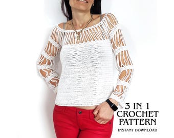 Patrón de top de crochet en PDF, suéter de verano fácil, top de manga larga transparente, blusa de crochet bohemia, jersey de encaje, jersey de malla, patrón de crochet DIY
