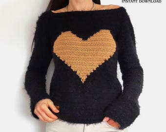 Herz Pullover Muster häkeln, Schulterfrei Pullover, Modernes Langarm Top PDF