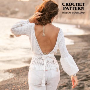 Reversible Crochet Cardigan Pattern, Tie Top Open Back PDF, Backless Balloon Sleeves Blouse, Boho Womens Clothing DIY