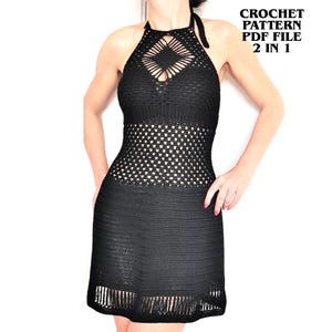May include: A black crochet halter dress with a diamond-shaped cutout at the neckline and a fringed hem. The dress features a textured, open-weave design. Text on the image reads: CROCHET PATTERN PDF FILE 2 IN 1.