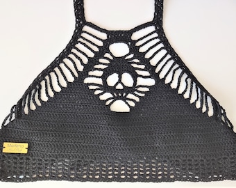 Goth Crochet Pattern Crop Top SKULL, Grunge Clothes, Crochet Bikini, Swimsuit