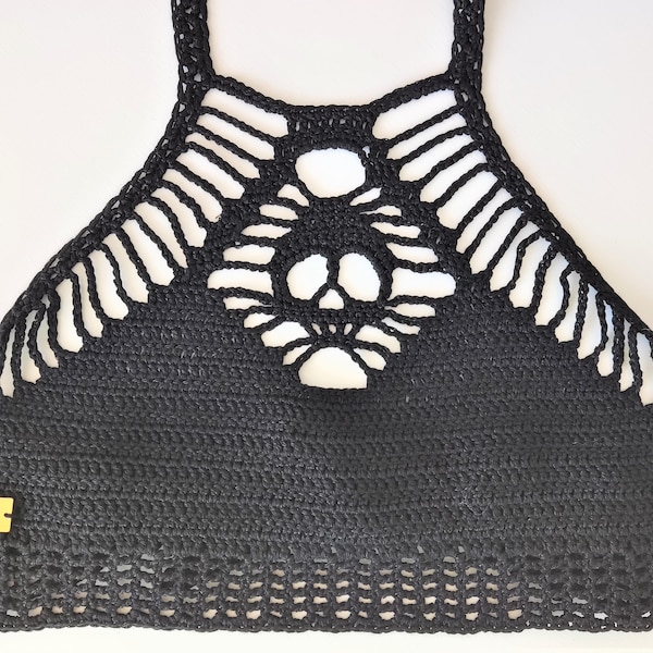 Goth Crochet Pattern Crop Top SKULL, Grunge Clothes, Crochet Bikini, Swimsuit