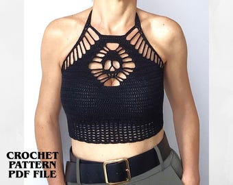 Motif de haut court dos nu au crochet tête de mort PDF, brassière gothique, vêtements gothiques DIY, vêtements alternatifs d'Halloween sorcière