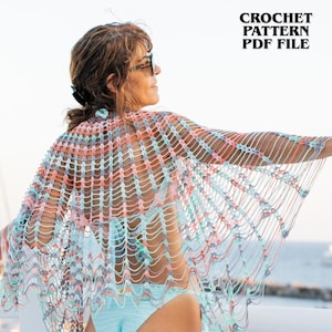 Wzór szydełkowy na letni szal, narzutka na ramiona w stylu boho, narzutka z przezroczystej koronki (PDF)