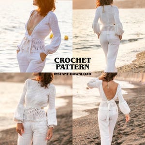 May include: White crochet top with long, flared sleeves and a deep V-neck, paired with white pants. The top features a tie at the waist and a detailed crochet pattern. The image includes the text "CROCHET PATTERN" and "INSTANT DOWNLOAD".