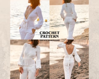 May include: A white crochet top featuring long balloon sleeves, a deep V-neckline, and a tie-front closure. The garment includes intricate openwork patterns at the waist and cuffs. The text CROCHET PATTERN INSTANT DOWNLOAD is visible.