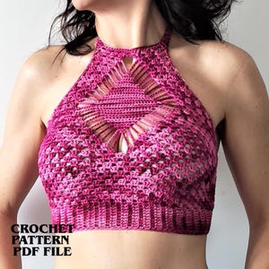 Patrón de top de crochet con punto de diamante, top corto estilo halter bohemio, bralette de encaje Y2K para festivales, patrón en PDF