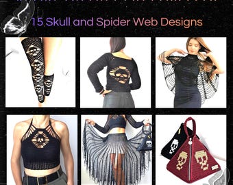 Lot de 15 motifs gothiques au crochet, vêtements secondaires sorcières sombres, hauts tête de mort, jupe toile d'araignée, accessoires de cosplay d'Halloween, modèles au crochet PDF