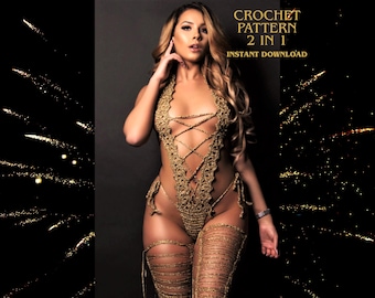 Crochet Lingerie Pattern Bundle, Bodysuit & Overknee Socken, Sexy Valentinstag Geschenk Frauen DIY Rave Outfit, 2 in 1 PDF