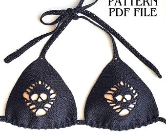 Skull Crochet Bikini Top Pattern ~ Gothic Halter Bralette PDF for Summer - Boho Festival Swim Top Pattern, Goth Summer Crochet DIY Gift