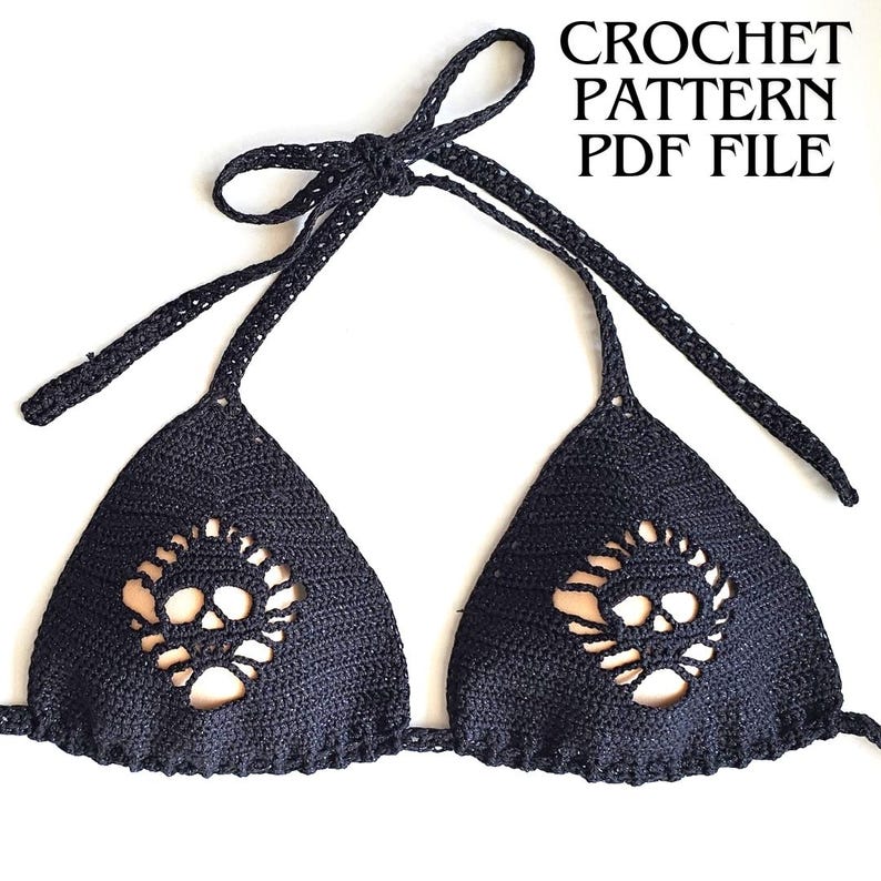 May include: A black crochet bikini top featuring a skull motif cut-out design on each triangular cup and thin tie-up straps. The text CROCHET PATTERN PDF FILE is printed in black in the upper right corner of the image.