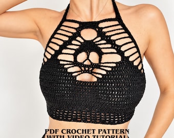 Skull Crochet Halter Top Pattern PDF, Halloween Crop Top, Crochet Bralette, Gothic Clothes, Spooky Crochet Video Tutorial