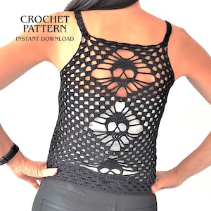 May include: A black crochet tank top featuring a repeating skull motif pattern throughout the openwork design. The text CROCHET PATTERN INSTANT DOWNLOAD is printed in the upper left corner of the image.