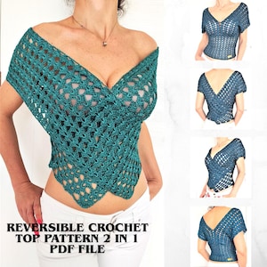 Patrón de top cruzado reversible de crochet, blusa de encaje con cuello en V estilo años 2000, chaleco bohemio de verano DIY (patrón en PDF)