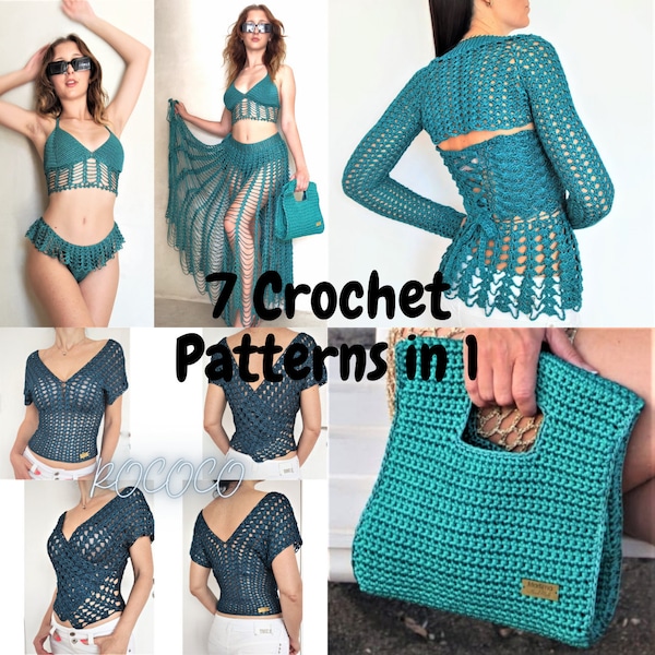 Crochet Patterns - Long Skirt, Dress, Bag, Shrug, Bralette Bikini Top, String, Vest, 7 in 1