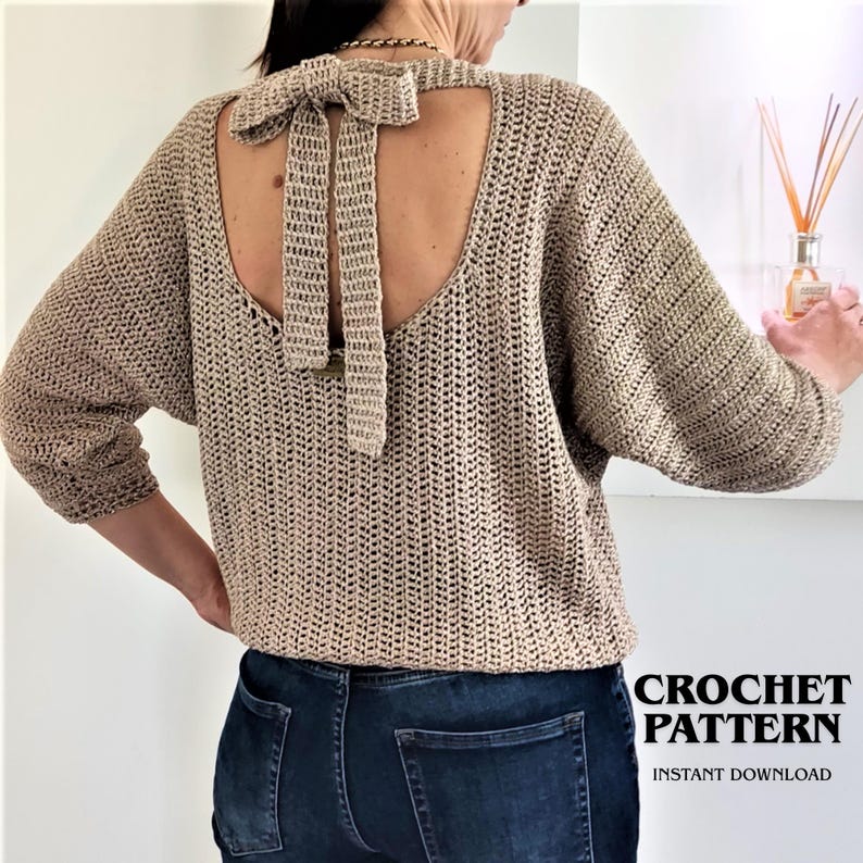 Crochet Sweater Pattern Open Back Tie Top Batwing Sleeves PDF crochet-sweater-pattern-open-back-tie-top-batwing-sleeves-pdf