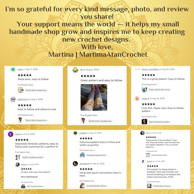 May include: A gold-toned graphic featuring a thank you message from Martina at MartimaAtanCrochet, surrounded by six customer reviews with five-star ratings, text comments, and small thumbnail images of various crochet projects.