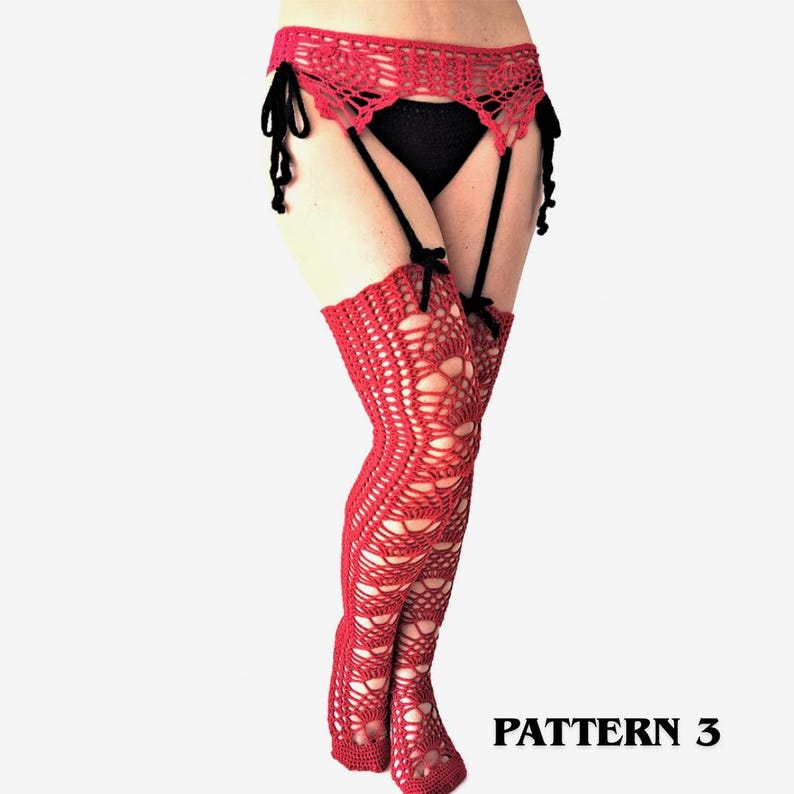 May include: A red crochet garter belt with black ties and matching red crochet thigh-high stockings featuring an openwork pattern. The set includes a solid black crochet base layer. The text PATTERN 3 is visible in the bottom right corner.